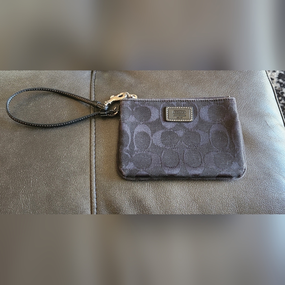 Coach Black Signature Jacquard Wristlet with Leather Strap